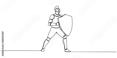Continuous one line of a knight raising a shield, drawn vector illustration.