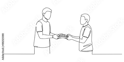 Continuous one line of a volunteer handing food to another, drawn vector illustration.