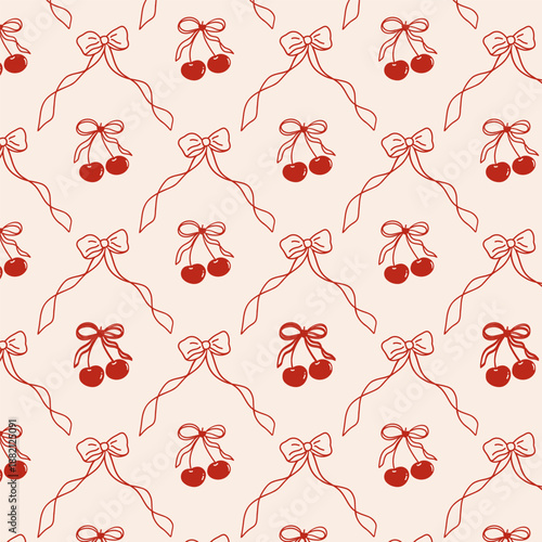Cherry and a bows seamless pattern. Coquette ribbon frames with doodle cherries and bow, vintage whimsical border texture for fabric, wallpaper, prints, wrapping. Vector design