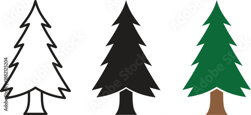 Pine tree icon set in outline, solid black silhouette and green color styles, coniferous evergreen fir tree symbols for nature forest and Christmas holiday vector illustration design.