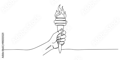 Continuous one line of a hand holding a burning torch, drawn vector illustration.