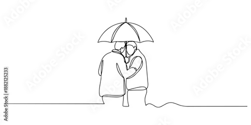 Continuous one line of a person shielding another with an umbrella, drawn vector illustration.