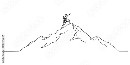 Continuous one line of a climber reaching the summit, drawn vector illustration.