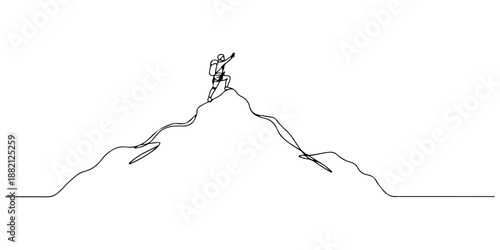 Continuous one line of a climber reaching the summit, drawn vector illustration.