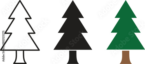 Pine tree icon set in outline, solid black silhouette and green color styles, coniferous evergreen fir tree symbols for nature forest and Christmas holiday vector illustration design.
