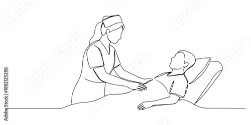 Continuous one line of a nurse comforting a patient, drawn vector illustration.