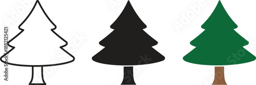 Pine tree icon set in outline, solid black silhouette and green color styles, coniferous evergreen fir tree symbols for nature forest and Christmas holiday vector illustration design.