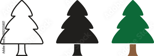 Pine tree icon set in outline, solid black silhouette and green color styles, coniferous evergreen fir tree symbols for nature forest and Christmas holiday vector illustration design.