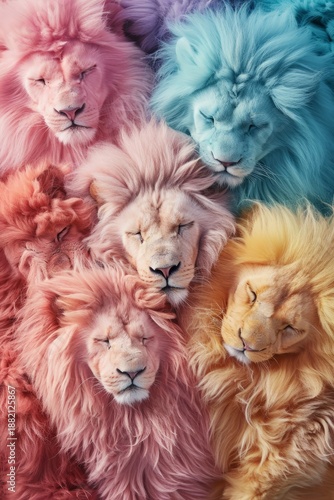 Vertical fantasy portrait of sleeping lions with colorful pastel manes. Surreal and dreamlike wildlife art in pink, blue, and yellow tones