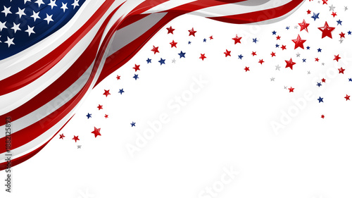Waving USA flag banner design with falling stars, isolated on white, png