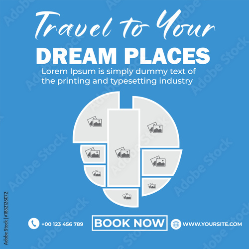 Journey to Dream Destinations: An inspiring travel advertisement invites exploration, showcasing a collage of potential destinations, igniting wanderlust and adventure. 
