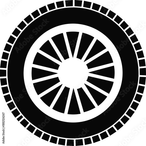 Black and white car tire wheel silhouette icon vector illustration with multi spoke rim for transport concept on isolated background