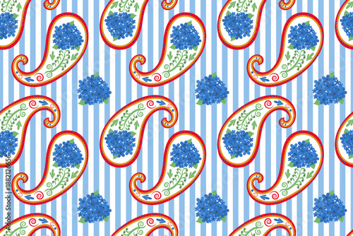 Foto Seamless Paisley Floral Pattern with blue flowers hydrangea, vertical stripes in Italian folk style