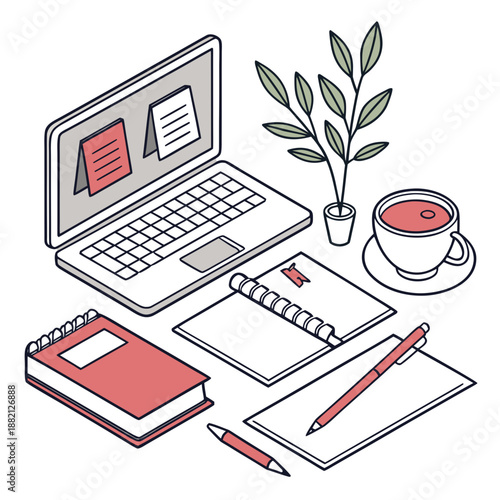 Workstation setup with laptop and notebooks