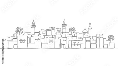 arabian cityscape with mosques and palm trees