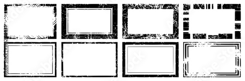 Collection of eight rectangular frames with distressed, grunge, and graphic design textures, perfect for invitations or labels.