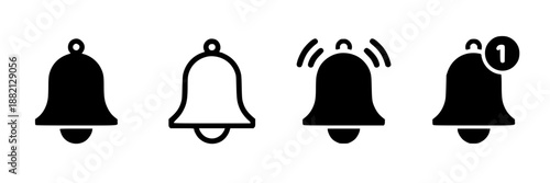 Set of four black vector bell icons: solid filled, outline, ringing and with notification badge, isolated on white background for app alerts