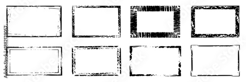 Collection of eight rectangular distressed grunge frames with black outlines and textured borders, versatile for graphic design elements and photo overlays