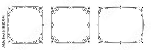 Collection of three elegant black outline vintage decorative vector frames and borders with ornate swirl details, presented on white background