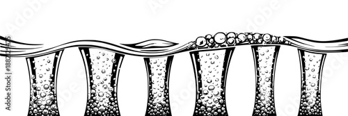 Six black ink outline glasses filled with fizzy bubbles rising and overflowing into bubbly foam, symbolizing refreshing drinks and celebration.