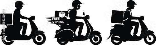 Silhouette of three delivery riders on scooters with packages