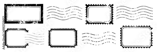 Collection of vintage postage stamp outlines and postmark wave lines in black and white distressed grunge style for graphic design