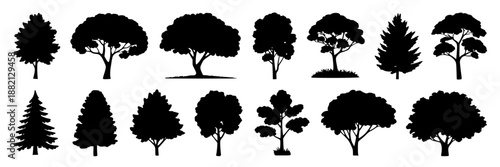 Collection of diverse black tree silhouettes in flat design style, featuring deciduous and coniferous varieties with varied canopy shapes and trunk structures on a white background.