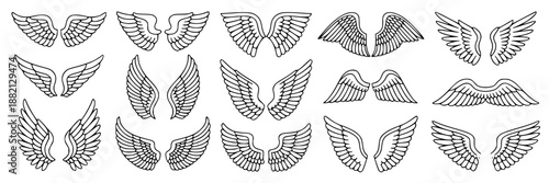 Collection of 18 hand-drawn outline wing illustrations in various styles and sizes, perfect for graphic design projects.