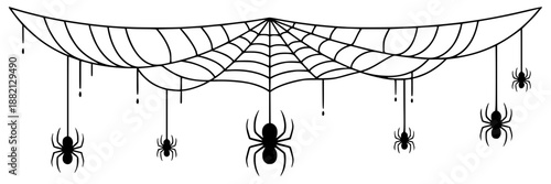 Spooky Halloween black outline graphic of a draped spiderweb with hanging spiders and dripping accents, vector art for decoration