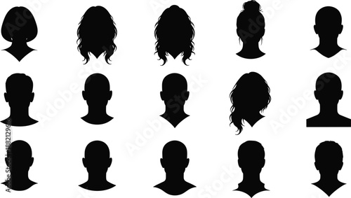 human head silhouette avatar set, male female profile icons collection, anonymous people faces, black vector illustration, isolated white background