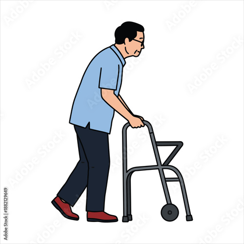 an asian man walking with a rolling walker showing mobility assistance