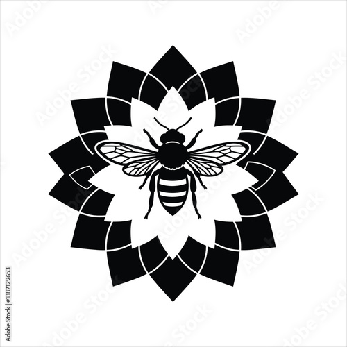 a black and white illustration of a bee centered within a stylized floral pattern