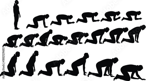 Human movement sequence silhouettes showing standing crawling kneeling positions, motion study concept, black isolated figures on white background, design illustration