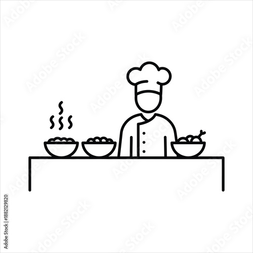 a line art illustration depicting a chef preparing food with steaming bowls