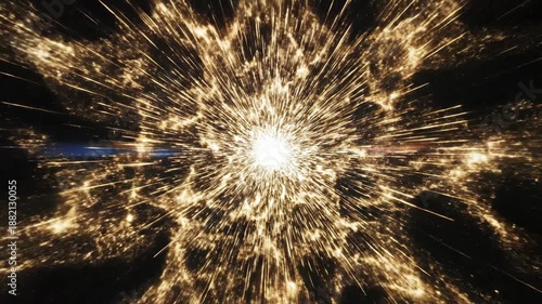 Abstract view of a radiant light burst surrounded by linear light streaks against a dark, hazy background