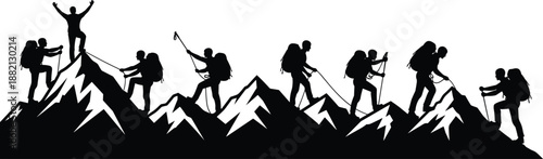Mountain climbing teamwork silhouettes showing hikers reaching summit together, leadership success motivation concept, adventure expedition, isolated figures on white background