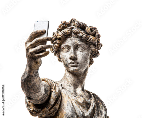 Ancient weathered marble statue of a classical deity taking a selfie with a modern smartphone, a conceptual and humorous juxtaposition of old and new