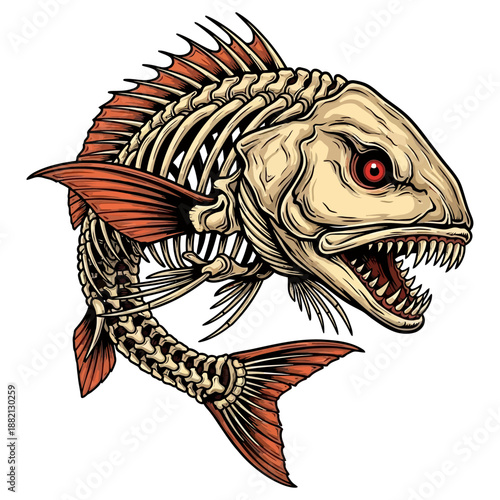 Aggressive redfish reddrum skeleton with sharp teeth and red eyes vector illustration on white background