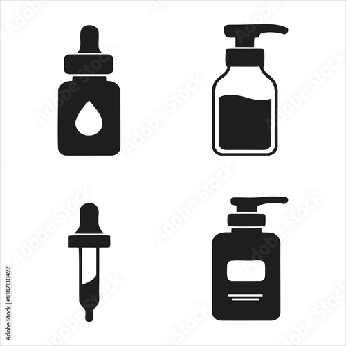 icon set of dropper and pump bottles showcasing liquid dispensing and skincare elements