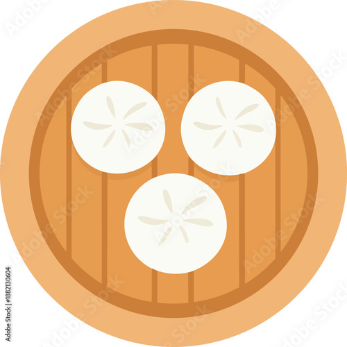 Three white steamed buns with pleated tops resting inside a round bamboo steamer basket, viewed from above, representing Asian cuisine or dim sum.