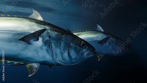 Graceful tuna swimming in deep ocean waters with rippling shadows