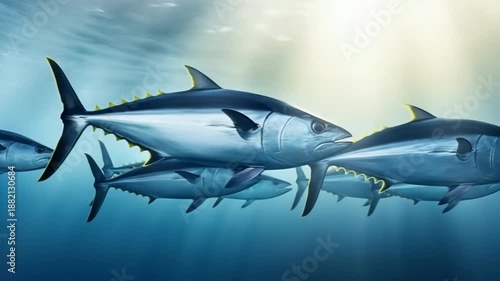 Dynamic school of tuna fish gliding through sunlit ocean waters