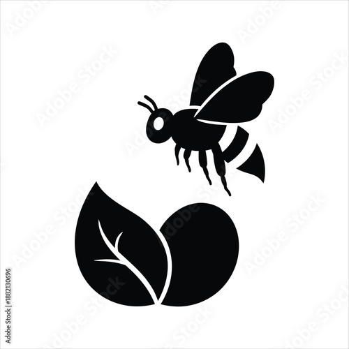 a simple black and white icon depicting a bee hovering over a leaf