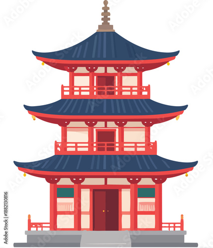 A vibrant, multi-tiered Japanese pagoda with red walls, blue roofs, and a golden finial, showcasing traditional East Asian architecture in a flat illustration style.