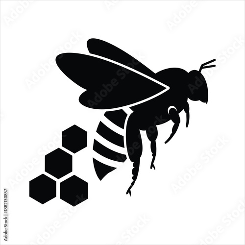 a black silhouette of a bee flying alongside a row of honeycombs