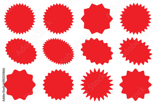 Set of red starburst. Price sticker, sale sticker, price tag, starburst, quality mark, retro stars, sale. Circle sticker set. Wavy edge promo badges. Blank sale stickers .
