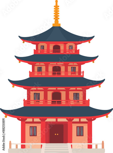 Traditional East Asian pagoda building with multiple tiers and ornate roofs, featuring red walls and blue accents, set against a white background.