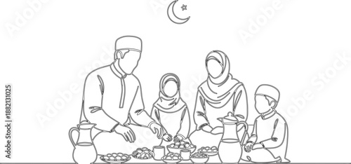 A family of four gathered around a meal isolated on transparent background