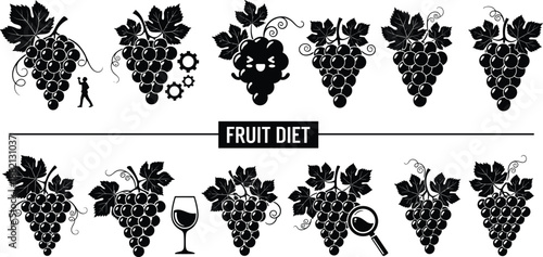 PrintCollection of black grape silhouettes with leaves and vines including wine glass and fruit diet text elements, healthy fruit icons vector isolated on white,
