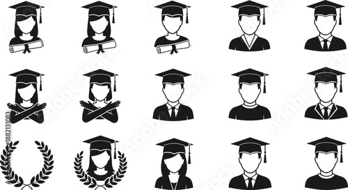 PrintCollection of black silhouette icons representing male and female graduates in academic caps and gowns, student avatars with diplomas and laurel wreaths vector isolated,